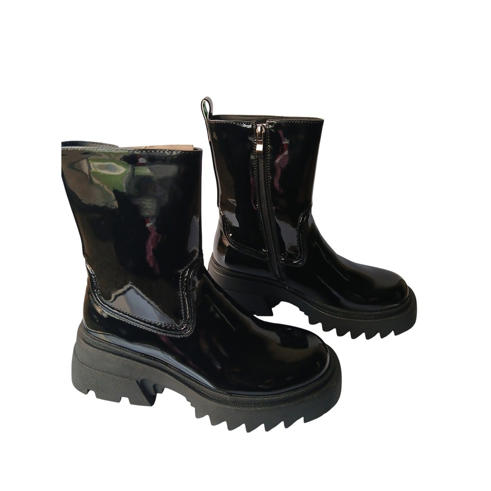 Black Patent Leather Chunky Lug Sole‎ Platform Mid-Calf Boots Side Zip Size  9